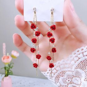 Flower Long Earrings Wild Red Rose Flower Long Rhinestone Tassel Earrings Earrings (Option: Red rose-1 pair)