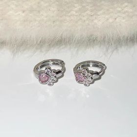 Female Diamond Studded Love Cat Foot Earrings (Color: Pink)