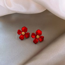Girls Silver Needle Korean Red Petal Earrings (Color: Red)