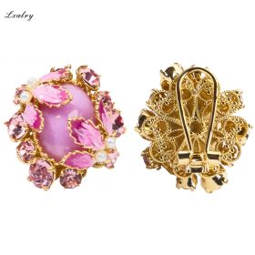 Lxalry 18K Gold Plated Pink Zircon & Enamel Floral Earrings - Vintage Statement Style For Weddings And Parties, Tarnish-Free, Hypoallergenic, Ret (Color: Gold)