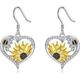 Cute Lady Animal Bee Sunflower Heart Earrings (Color: Silver)